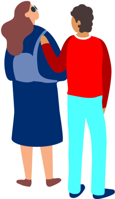 Afbeelding van persoon met een visuele beperking en de begeleider die naast haar staat