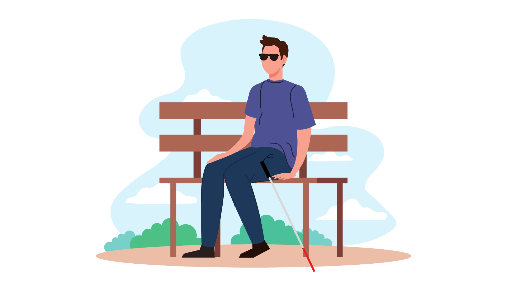 Illustratie van een man met een donkere zonnebril en een witte taststok, zittend op een bankje in een park.