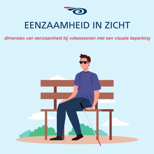 Illustratie van een man met een taststok zittend op een bankje, tegen een lichtblauwe achtergrond, met het logo van de Robert Coppes Stichting en de tekst: "Eenzaamheid in Zicht – dimensies van eenzaamheid bij volwassenen met een visuele beperking."