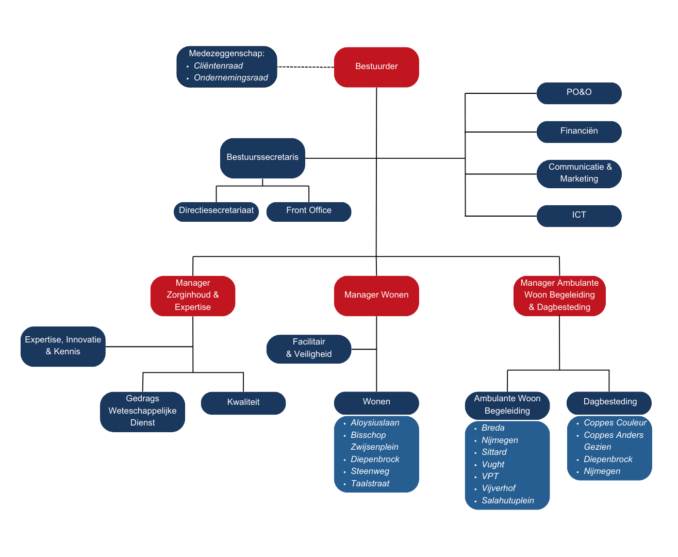 Organogram van de Robert Coppes Stichting met de bestuurder centraal bovenin. De bestuurder wordt ondersteund door de bestuurssecretaris (met daaronder het directiesecretariaat en de front office) en vier stafafdelingen: PO&O, Financiën, Communicatie & Marketing, en ICT. Aan de bestuurder rapporteren drie managers: de Manager Zorginhoud & Expertise, de Manager Wonen en de Manager Ambulante Woonbegeleiding & Dagbesteding. Onder deze managers vallen teams en afdelingen zoals Expertise, Innovatie & Kennis, Kwaliteit, Gedragswetenschappelijke Dienst, Facilitair & Veiligheid, zes woonlocaties, Ambulante Woonbegeleiding, en vier dagbestedingslocaties. Links bovenin staat de medezeggenschap (Cliëntenraad en Ondernemingsraad) weergegeven, met een stippellijn naar de bestuurder.