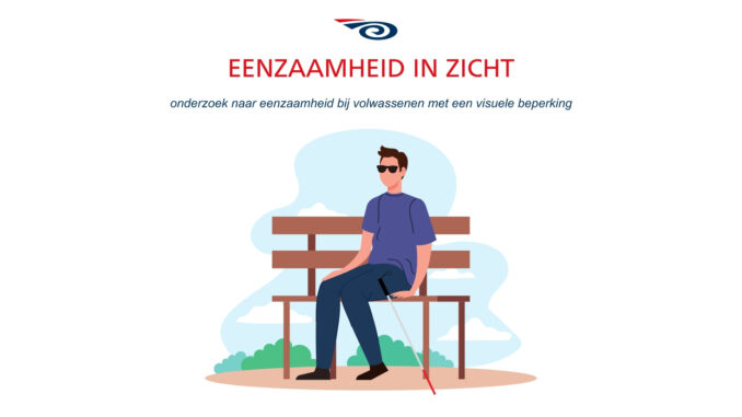 Illustratie van een man, in zijn eentje zittend op een houten bankje in het park. Hij draagt een donkere bril en er leunt een taststok tegen zijn been.