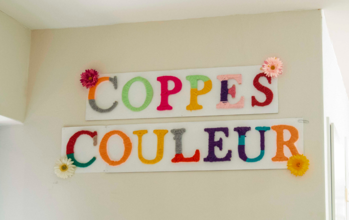 Twee witte borden aan een muur met daarop de woorden “COPPES COULEUR” in grote, kleurrijke letters van wol. Rond de letters zijn enkele kunstbloemen bevestigd. Onder de borden zijn lichtschakelaars zichtbaar en rechts een deuropening.