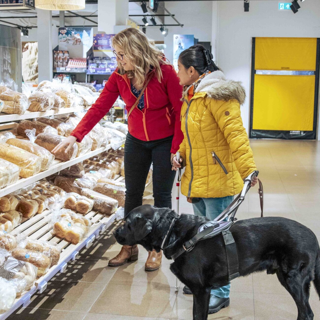AWB 22 Een vrouw wijst brood aan in de winkel, terwijl een cliënt met geleidestok en hond naast haar staat.