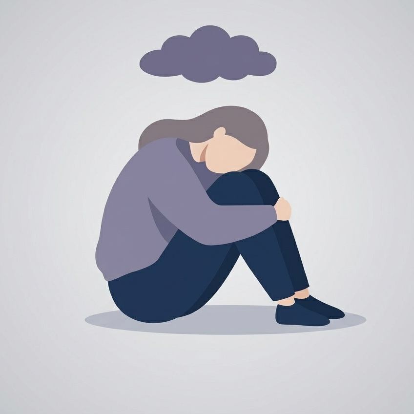 Depressie Illustratie van een persoon die ineengezakt op de grond zit, met de armen om de knieën geslagen en het hoofd naar beneden. Boven het hoofd hangt een donkere wolk.