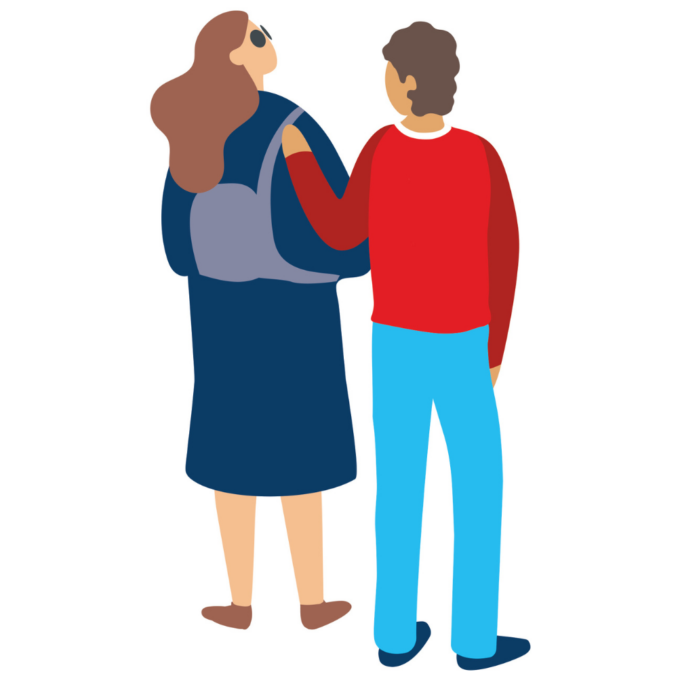 Nieuwsartikelen website 2026 – 1000×1000 px – illustratie Illustratie van twee personen die naast elkaar staan, waarbij de één de ander ondersteunt met een arm om de schouder.
